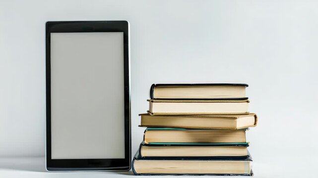 Video A tablet computer sits next to a stack of books, perfect for digital reading or studying
