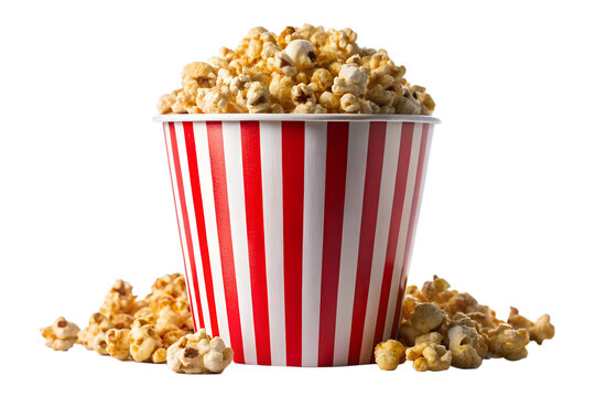 Red and White Striped Popcorn Bucket Overflowing with Caramel Popcorn Isolated on Transparent Background PNG