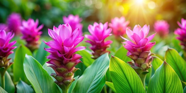 Vibrant purple and pink flowers of Curcuma turmeric plant in a lush green garden