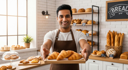 Smiling Baker Offers Fresh Croissants in Modern Bakery Interior