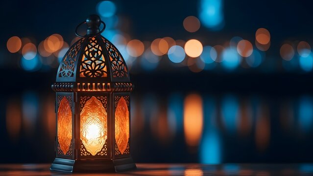 Ornate lantern illuminating the night with ramadan celebration lights and reflections