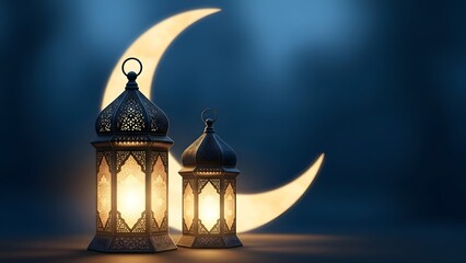 Ramadan kareem lanterns with crescent moon symbolizing islamic holy month