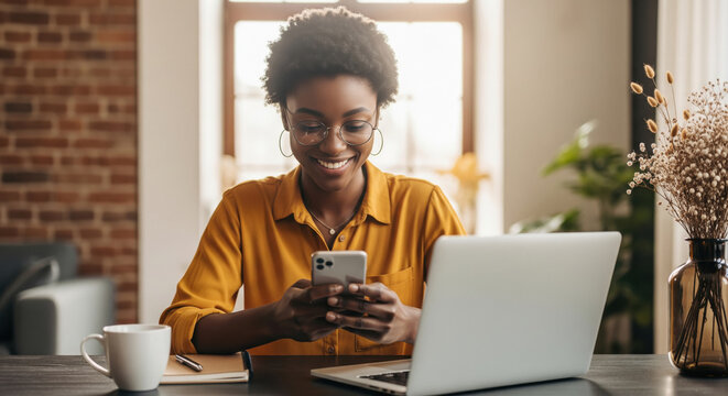 Happy Black Woman Messaging on Phone at Home Office Desk