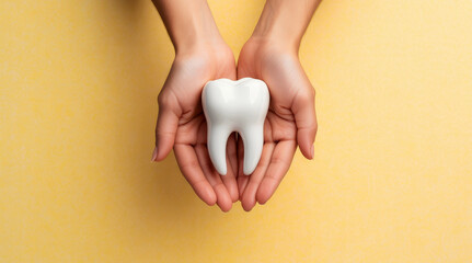 Hands Cradling A White Tooth Model For Dental Health And Care Concepts