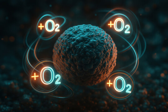 Dynamic microscopic cell sphere showing reactive oxygen process. Glowing chemical symbol creating neon energy field in biomolecular environment with orange and cyan light