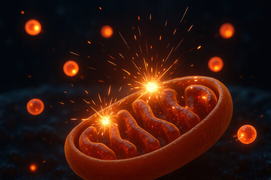 Visualization of mitochondrion cellular damage. Reactive oxygen specie and free radical particles create spark and explosion during collision with vital cell organelle