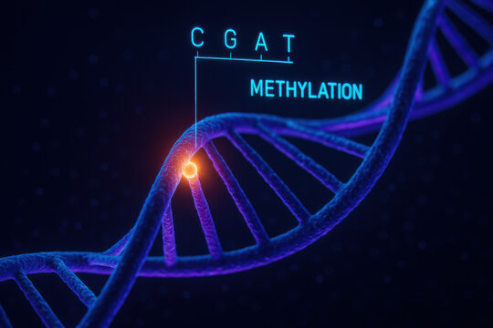 Futuristic scientific concept of DNA double helix strand. This immersive biomedical art highlights genetic research with molecular label showing methylation point