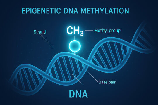 Epigenetic DNA methylation infographic, professional medical illustration. glowing methyl group on double helix shows key process in biotechnology and science