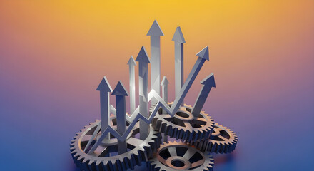 Business growth and progress concept with upward arrows emerging from interconnected gears-strategic mechanism for success
