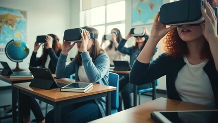 Students engage with immersive VR headsets, exploring new dimensions in a modern classroom setting 4k high quality footage - Powered by Adobe