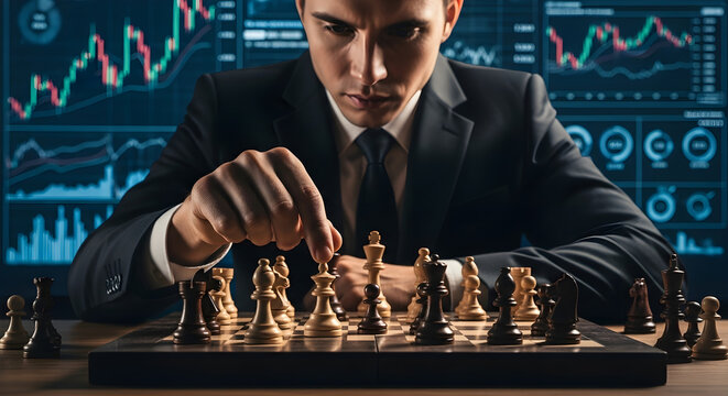 Strategic Businessman Playing Chess with Stock Market Data Background