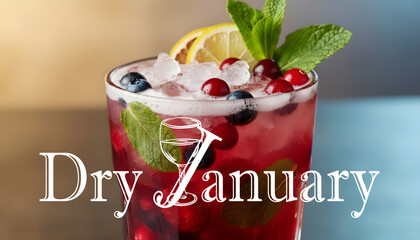 Refreshing Dry January mocktail with berries, lemon, mint in a glass filled with ice. Vibrant alcohol-free drink promoting healthy lifestyle, sobriety challenge, wellness motivation for the new year.