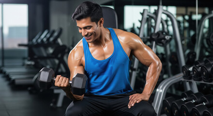 Muscular Man Smiling While Lifting Dumbbell During Bicep Workout