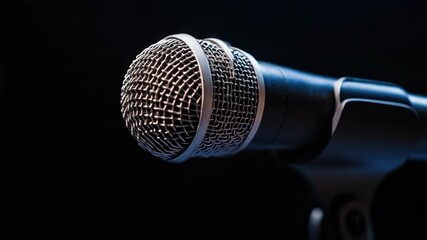 Video A microphone on a stand against a black background, ideal for music or presentation use