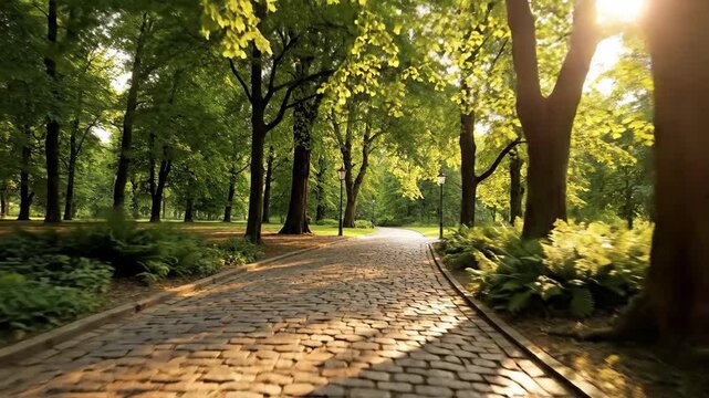 Sunlit park pathway with bench and mature trees