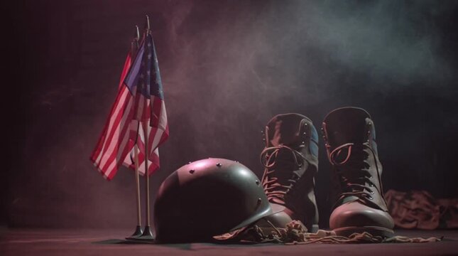 American flag, military helmet and combat boots on ground for veterans days with a dark and smoky background