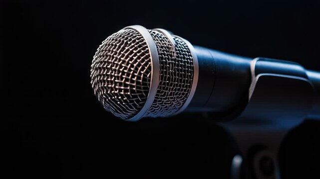 Video A microphone on a stand against a black background, ideal for music or presentation use