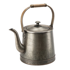 Antique silver tea kettle with wooden handle isolated on transparent background