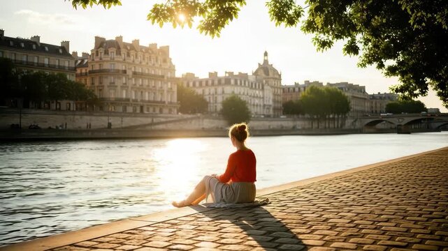 Woman gracefully sitting by Seine River at golden hour, Parisian buildings create stunning backdrop 4k high quality footage