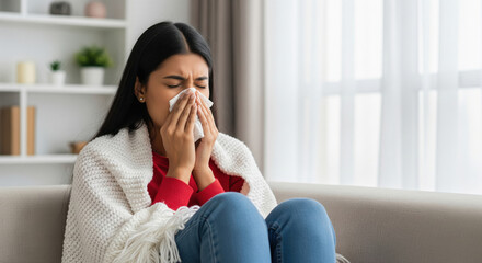 Unwell Woman Blowing Nose, Suffering from Cold or Allergy