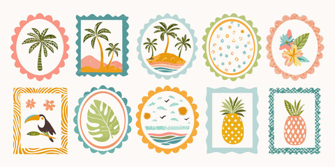 Collection of whimsical tropical themed decorative elements and stickers with palm trees pineapples toucans and flowers