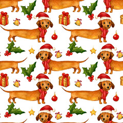 Pattern con graziosi bassotti e decorazioni natalizie, illustrazione ad acquerello