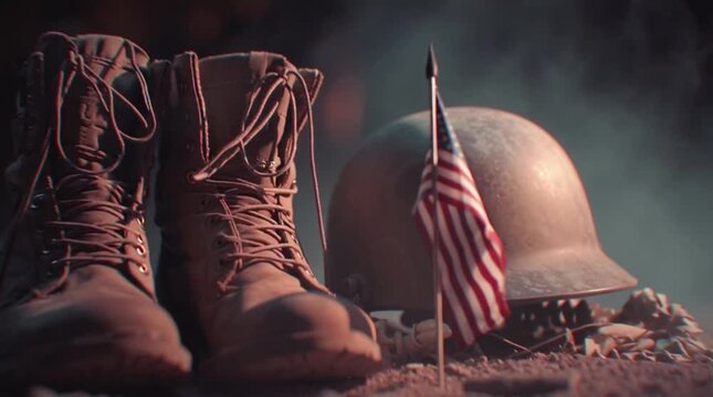 Veterans Day tribute with combat boots, helmet, and American flag in a somber, patriotic setting.