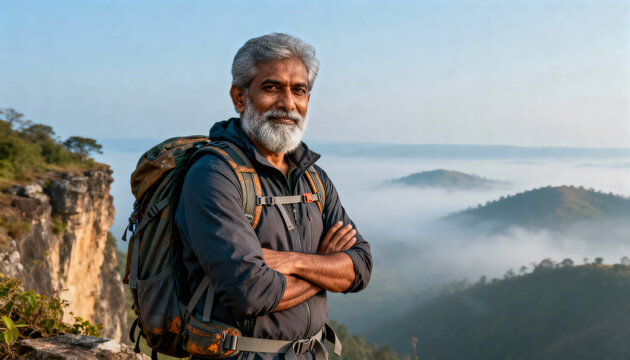 A confident senior man with a backpack stands on a cliff overlooking misty hills, symbolizing adventure, confidence, freedom, and the joy of outdoor exploration.