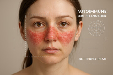 Serious woman with autoimmune skin inflammation and butterfly rash on her cheek. medical diagnostic overlay analyzes skin, dermatology concept for patient care