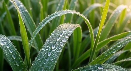 Fresh green grass blades adorned with glistening dew drops in morning light symbolizing purity and renewal nature and organic growth