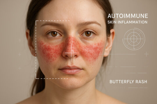 Serious woman with autoimmune skin inflammation and butterfly rash on her cheek. medical diagnostic overlay analyzes skin, dermatology concept for patient care