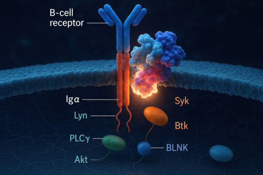 Hopeful biological visualization of science, B cell receptor signaling pathway with protein inhibitor docking at its glowing molecular interface and receptor site