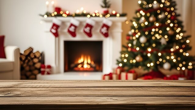 Festive christmas scene with fireplace tree and wooden table holiday home decor and warm atmosphere for product placement or celebration