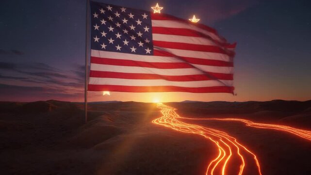 A flag waves against a desert sunset, its stars glowing, as a luminous river of light creates a path towards a hopeful future, symbolizing unity and aspiration
