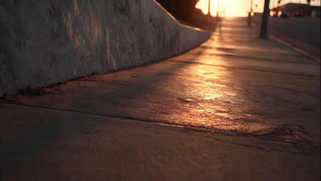 A minimal street section at sunrise where smooth sidewalk textures glow softly in warm morning highlights