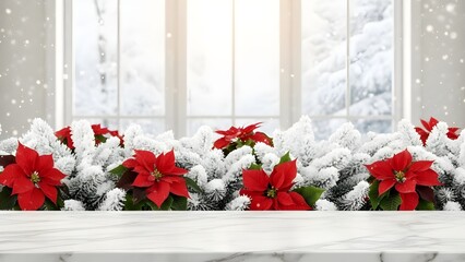 Fototapeta premium Festive christmas poinsettias and snow covered branches on a white surface with a snowy winter window background for holiday decor