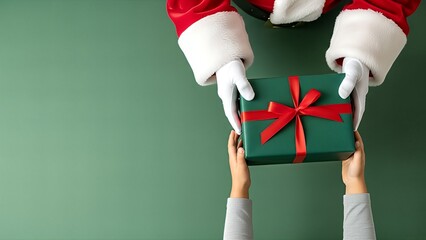 Santa claus giving christmas gift present box holiday season celebration festive giving hands green background