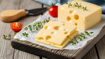 Swiss cheese slices and block with tomatoes and herbs on wood emmental block of cheese