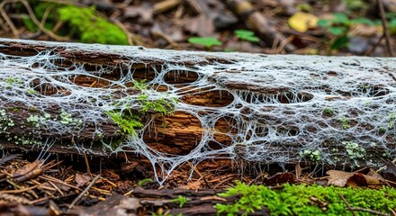 Fungal mycelium decomposing fallen log