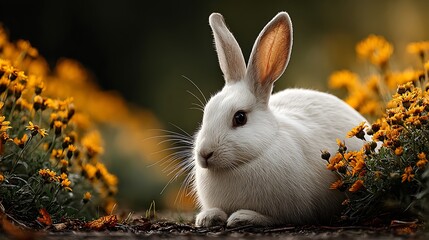 Adorable white bunny nestled amongst vibrant yellow chrysanthemums, evoking spring's gentle awakening and natural beauty.
