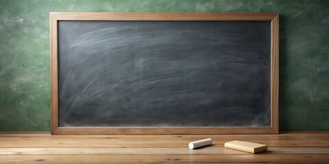 A blank chalkboard with a piece of chalk and an eraser on it