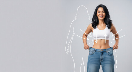 Happy Woman Celebrates Successful Weight Loss in Oversized Jeans