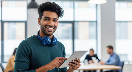 Smiling Young Indian Man Using Tablet in Modern Office