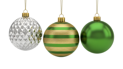 Three festive christmas ornaments in green, gold, and silver, isolated on white isolated on transparent background