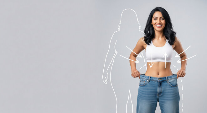 Happy Woman Celebrates Successful Weight Loss in Oversized Jeans