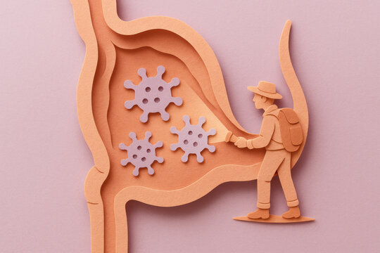 Curious miniature explorer on paper cut medical science journey makes discovery inside human appendix, finding an immune virus symbol in conceptual anatomy illustration