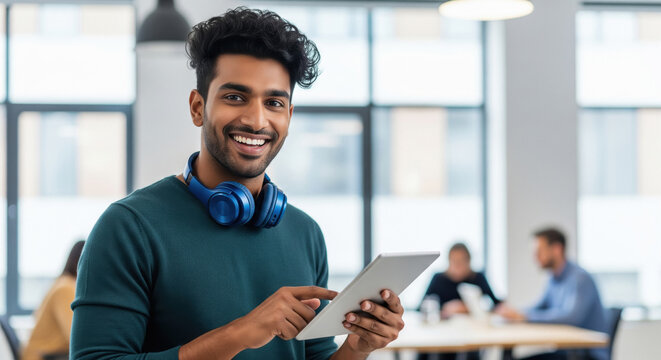 Smiling Young Indian Man Using Tablet in Modern Office