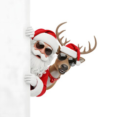 Santa and reindeer in sunglasses peeking, isolated on transparent background