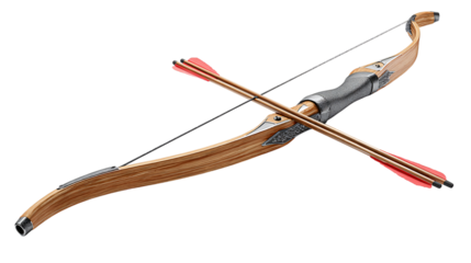 Traditional wooden bow and arrows on transparent background
