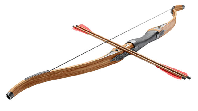 Traditional wooden bow and arrows on transparent background